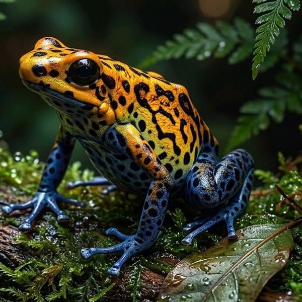 Foto de referencia: rana amarilla con manchas negras y patas azules sobre musgo.